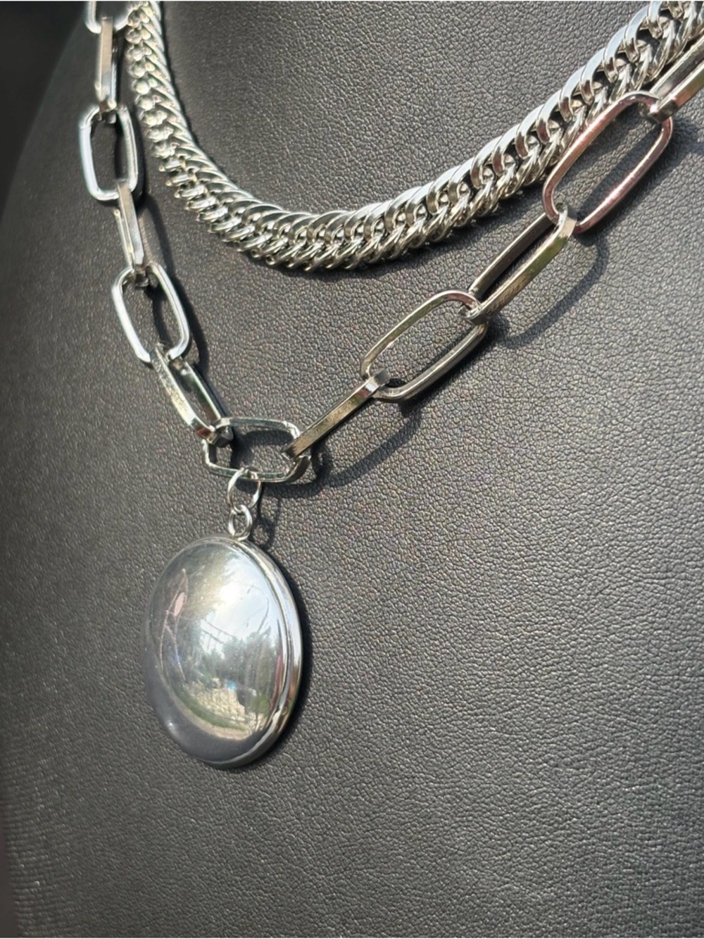 Silver Layered Chain Necklace with Round Pendant - Picture 2 of 6
